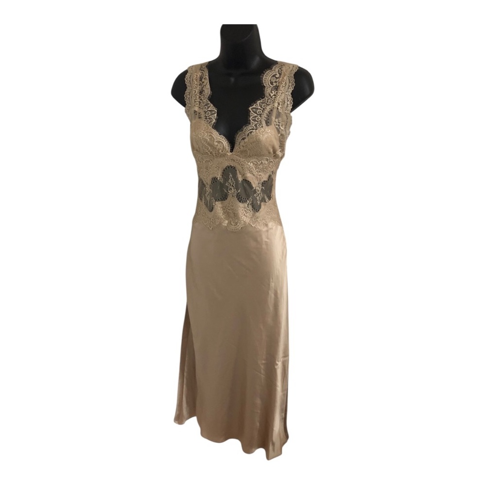 Sincerely jules champagne lace bodice plunge front satin effect dress size Large - Picture 3 of 17